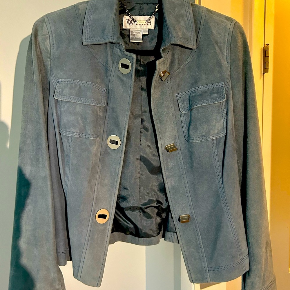 Beautiful like new soft suede teal jacket with silver clip closures.